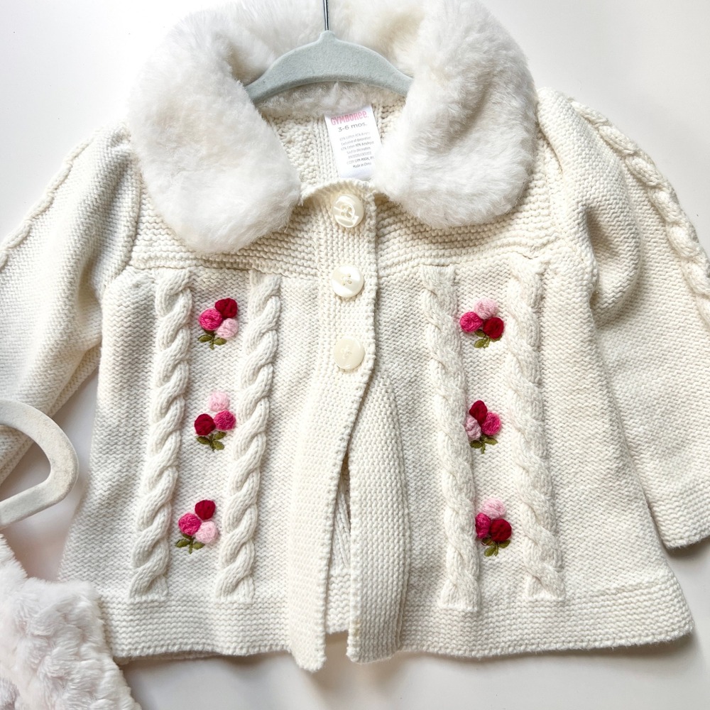 Gymboree Tahari Baby Girl 3-6M Bundle Faux Fur Vest Floral Cable Knit Cardigan - Picture 2 of 8